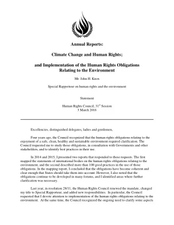 Annual Reports:  Climate Change and Human Rights;  and Implementation of the Human Rights