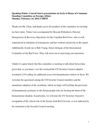 Speaking Points: Conrad Sauv presentation on Syria to House of Commons  Standing Committee on