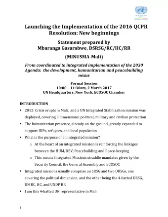 Launching the Implementation of the 2016 QCPR Resolution: New beginnings  Statement prepared by