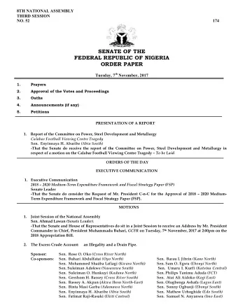 SENATE OF THE  FEDERAL REPUBLIC OF NIGERIA  ORDER PAPER Tuesday, 7 th November, 2017  1.  Prayers