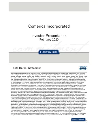 Comerica Incorporated  Investor Presentation  February 2020  Safe Harbor Statement  Any statements