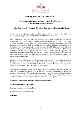 Industry Seminar  20 October 2011  Presentation to Asset Managers and Stockbrokers  Retail