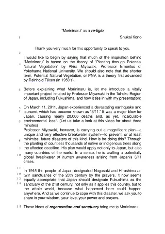 Morininaru  as a re-ligio   Shukai Kono  Thank you very much for this opportunity to