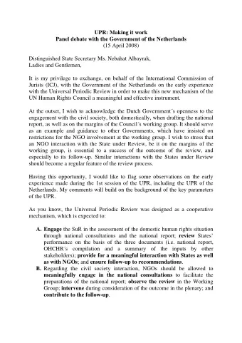 UPR: Making it work  Panel debate with the Government of the Netherlands  (15 April 2008)