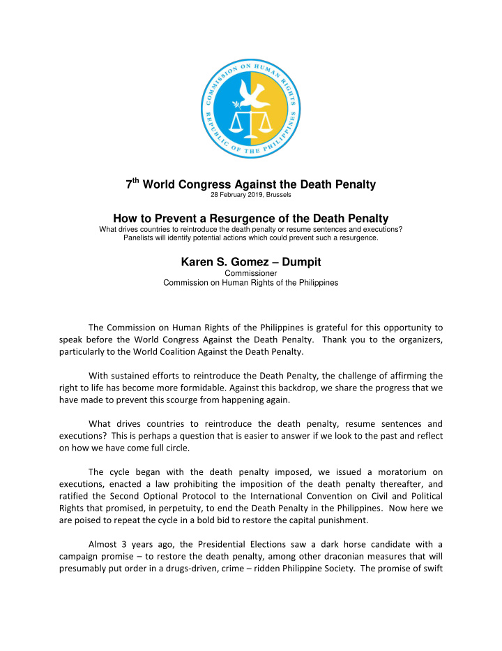 7 th world congress against the death penalty 28 february