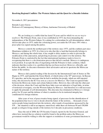 Resolving Regional Conflicts: The Western Sahara and the Quest for a Durable Solution  November 6,
