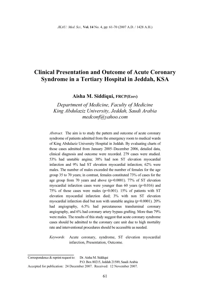 clinical presentation and outcome of acute coronary