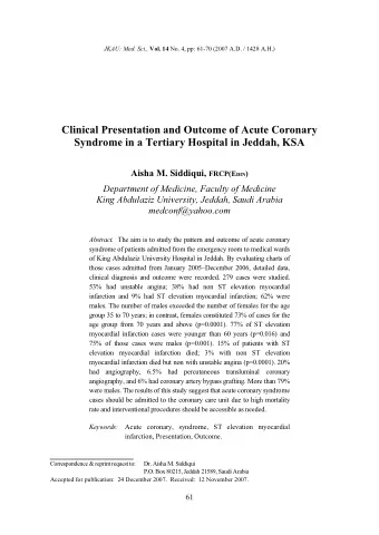 Clinical Presentation and Outcome of Acute Coronary  Syndrome in a Tertiary Hospital in Jeddah, KSA