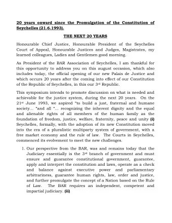 20 years onward since the Promulgation of the Constitution of  Seychelles (21.6.1993).  THE NEXT 20