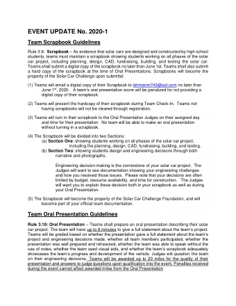 EVENT UPDATE No. 2020-1  Team Scrapbook Guidelines Rule 3.9: Scrapbook  As evidence that solar