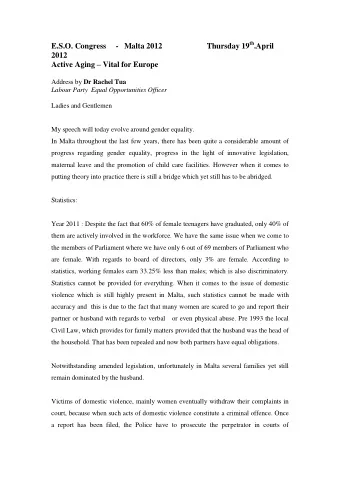 E.S.O. Congress     -   Malta 2012                       Thursday 19 th .April  2012 Active Aging