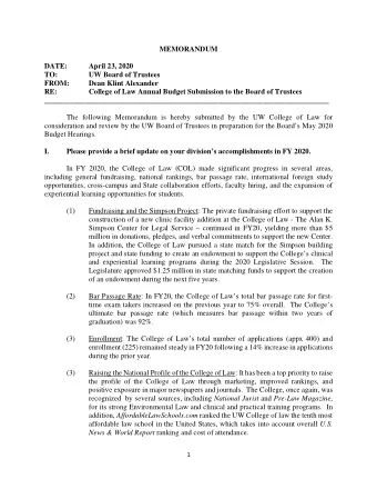 MEMORANDUM  DATE:  April 23, 2020  TO:  UW Board of Trustees  FROM:  Dean Klint Alexander  RE: