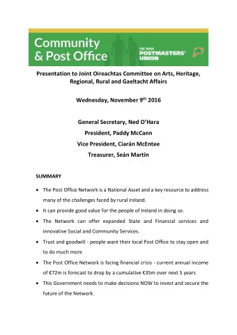 Presentation to Joint Oireachtas Committee on Arts, Heritage,  Regional, Rural and Gaeltacht