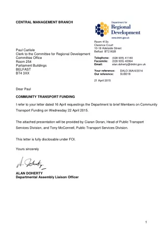 FOR REGIONAL DEVELOPMENT  Community Transport Funding  22 April 2015  Legislative Context