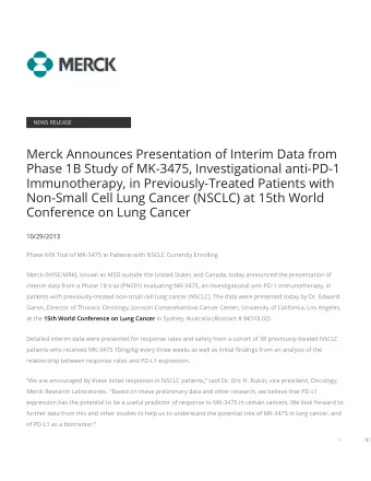 Merck Announces Presentation of Interim Data from  Phase 1B Study of MK-3475, Investigational