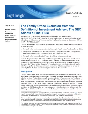 The Family Office Exclusion from the  July 19, 2011  Definition of Investment Adviser: The SEC