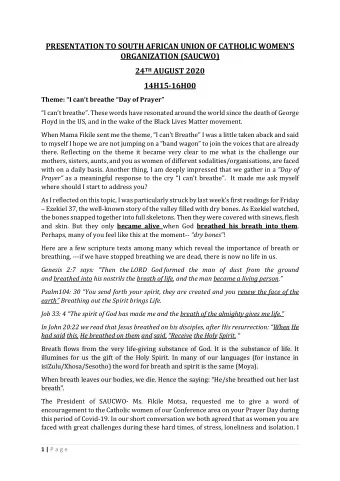 PRESENTATION TO SOUTH AFRICAN UNION OF CATHOLIC WOMENS  ORGANIZATION (SAUCWO) 24 TH AUGUST 2020