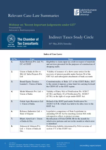 Relevant Case-Law Summaries Webinar on R ecent Important Judgements under GST  Presented by:
