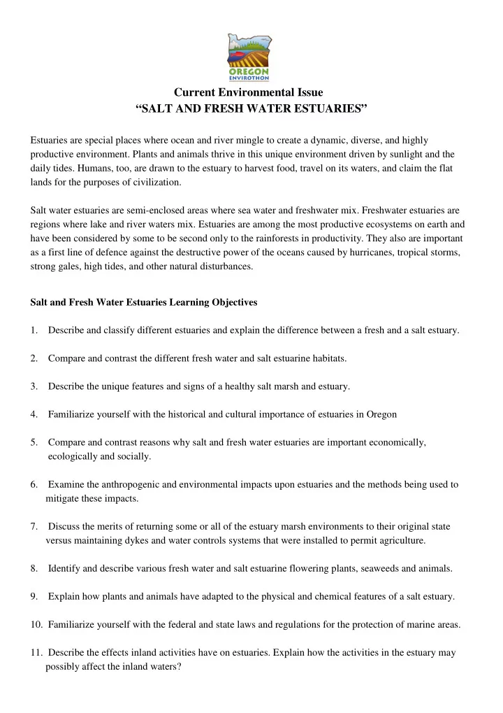 current environmental issue salt and fresh water estuaries