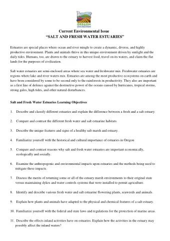 Current Environmental Issue  SALT AND FRESH WATER ESTUARIES  Estuaries are special places