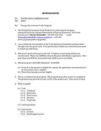 MEMORANDUM  TO:  WATER TRAILS PRESENTATION  FM:  DMAC  Re:  Georgia Recreational Trails Program 1.
