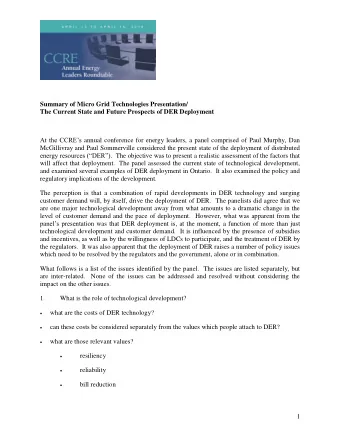 Summary of Micro Grid Technologies Presentation/  The Current State and Future Prospects of DER