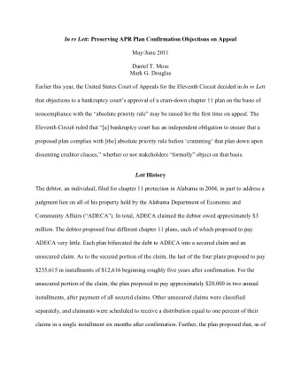 In re Lett : Preserving APR Plan Confirmation Objections on Appeal  May/June 2011  Daniel T. Moss