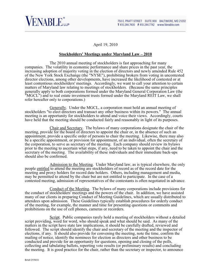 april 19 2010 stockholders meetings under maryland law