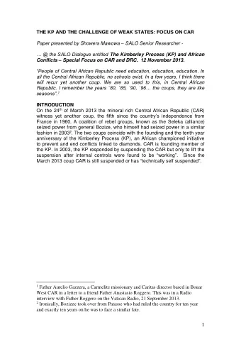 THE KP AND THE CHALLENGE OF WEAK STATES: FOCUS ON CAR Paper presented by Showers Mawowa  SALO
