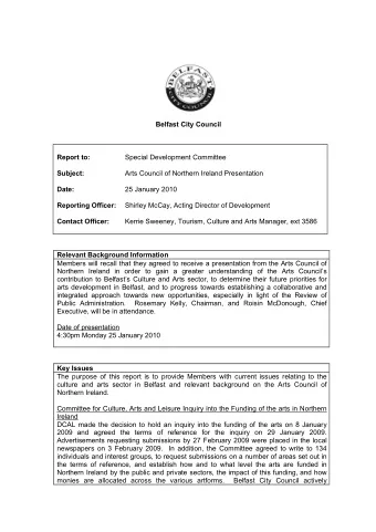 Belfast City Council  Report to:  Special Development Committee  Subject:  Arts Council of Northern