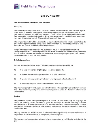 Bribery Act 2010 business  The risk of c  The risk of criminal li  iminal liability for  ability