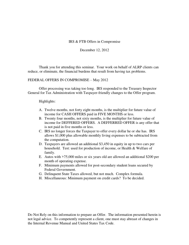 irs ftb offers in compromise december 12 2012 thank you
