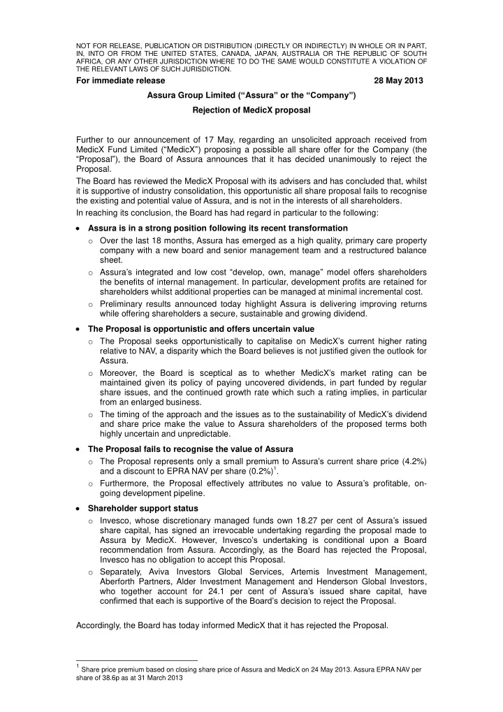 for immediate release 28 may 2013 assura group limited