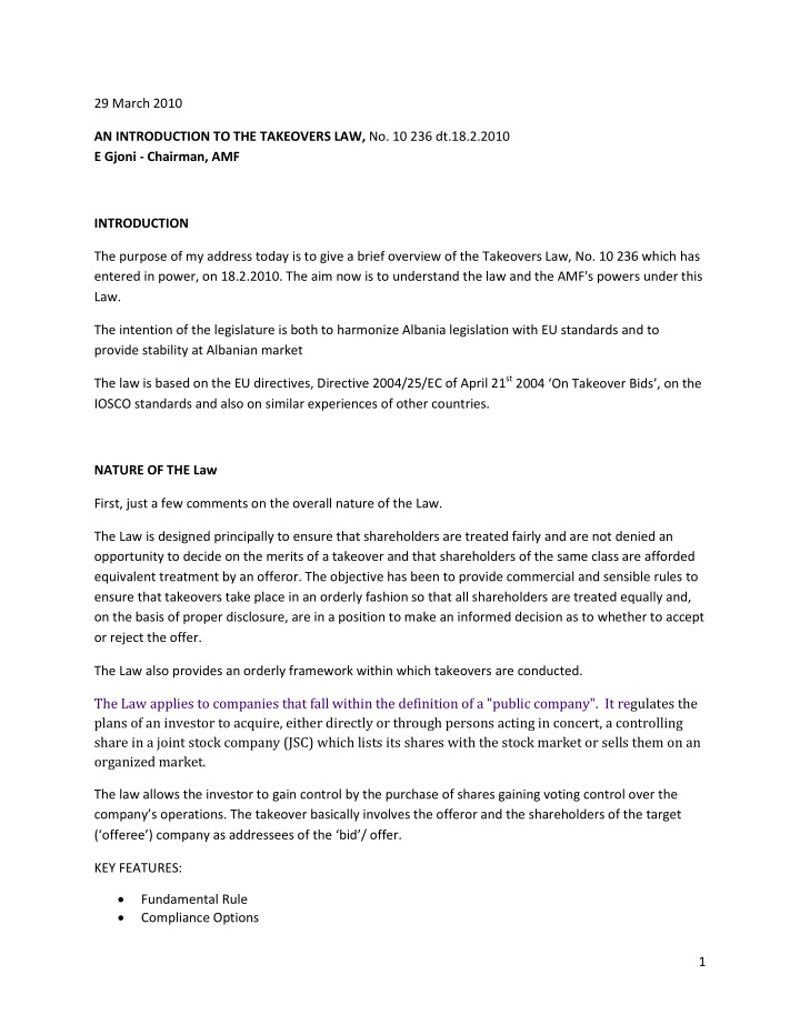 29 march 2010 an introduction to the takeovers law no 10