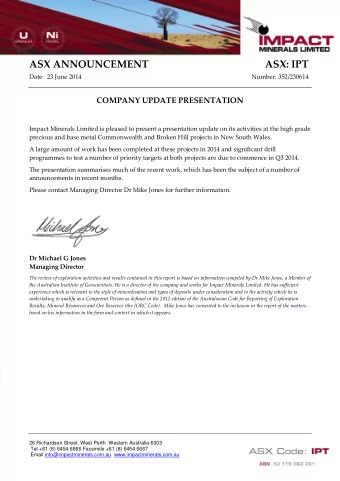 ASX ANNOUNCEMENT  ASX: IPT  Date:  23 June 2014  Number: 352/230614  COMPANY UPDATE PRESENTATION