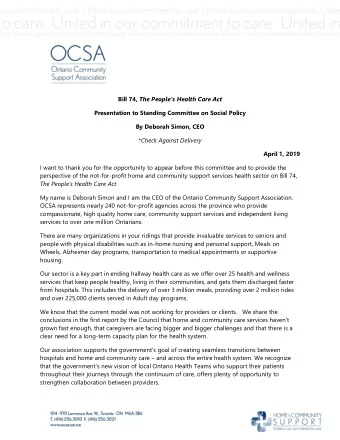 Bill 74, The Peoples Health Care Act  Presentation to Standing Committee on Social Policy  By