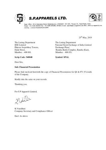 25 th May, 2019  The Listing Department                                      The Listing Department