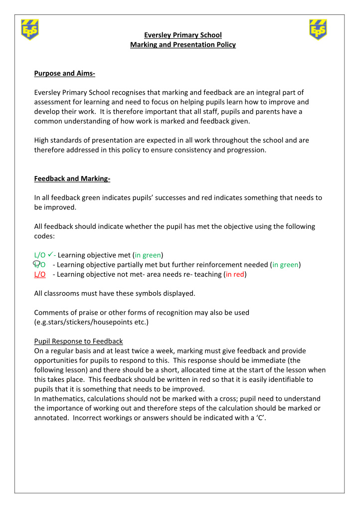 eversley primary school marking and presentation policy