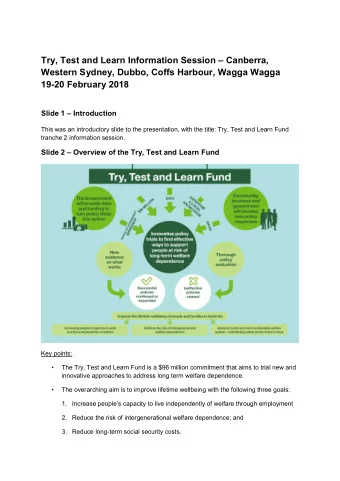 Try, Test and Learn Information Session  Canberra,  Western Sydney, Dubbo, Coffs Harbour, Wagga