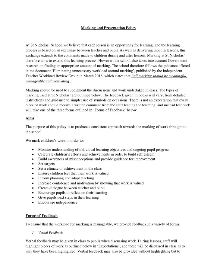 marking and presentation policy at st nicholas school we