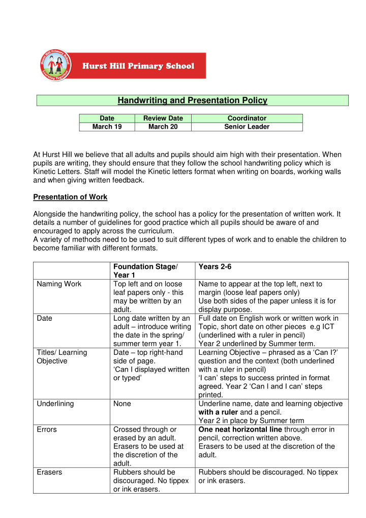 handwriting and presentation policy