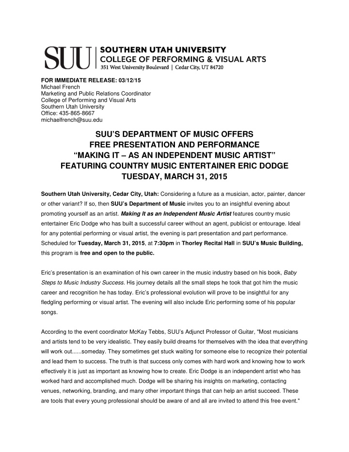 suu s department of music offers free presentation and