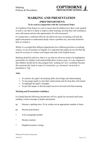 MARKING AND PRESENTATION  (PREP DEPARTMENT)  To be read in conjunction with the Assessment Policy