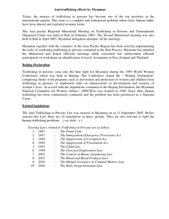 Anti-trafficking efforts by Myanmar  Today, the menace of trafficking in persons has become one of