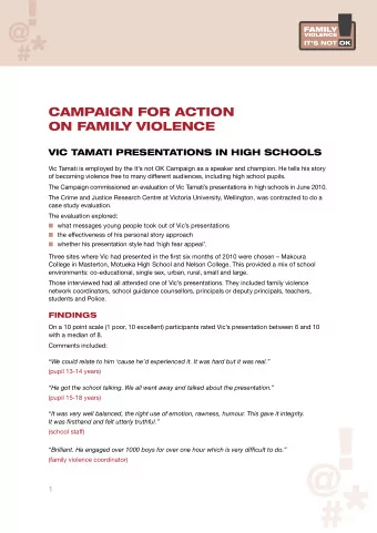 CAMPAIGN FOR ACTION  ON FAMIL  Y VIOLENCE  VIC TAMATI PRESENTATIONS IN HIGH SCHOOLS  Vic Tamati is
