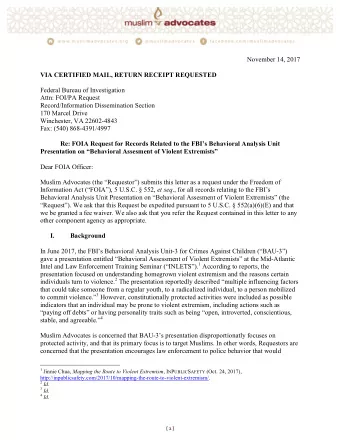 November 14, 2017  VIA CERTIFIED MAIL, RETURN RECEIPT REQUESTED  Federal Bureau of Investigation