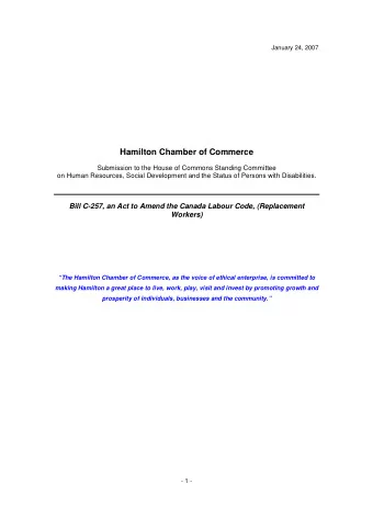 Hamilton Chamber of Commerce  Submission to the House of Commons Standing Committee  on Human