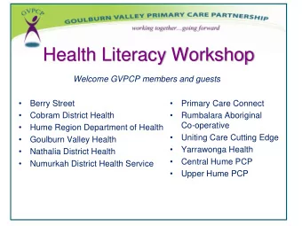 Health Literacy Workshop  Welcome GVPCP members and guests      Berry Street  Primary Care