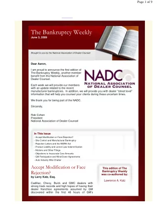 The Bankruptcy Weekly June 3, 2009 Brought to you by the National Association of Dealer Counsel