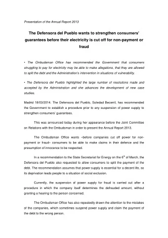 The Defensora del Pueblo wants to strengthen consumers  guarantees before their electricity is